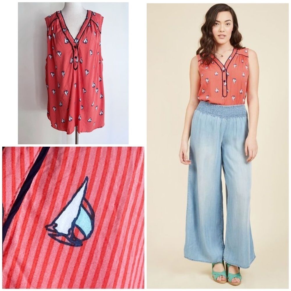 ModCloth Cafe au Soleil Sails Sailboats Striped Tank Top 2X